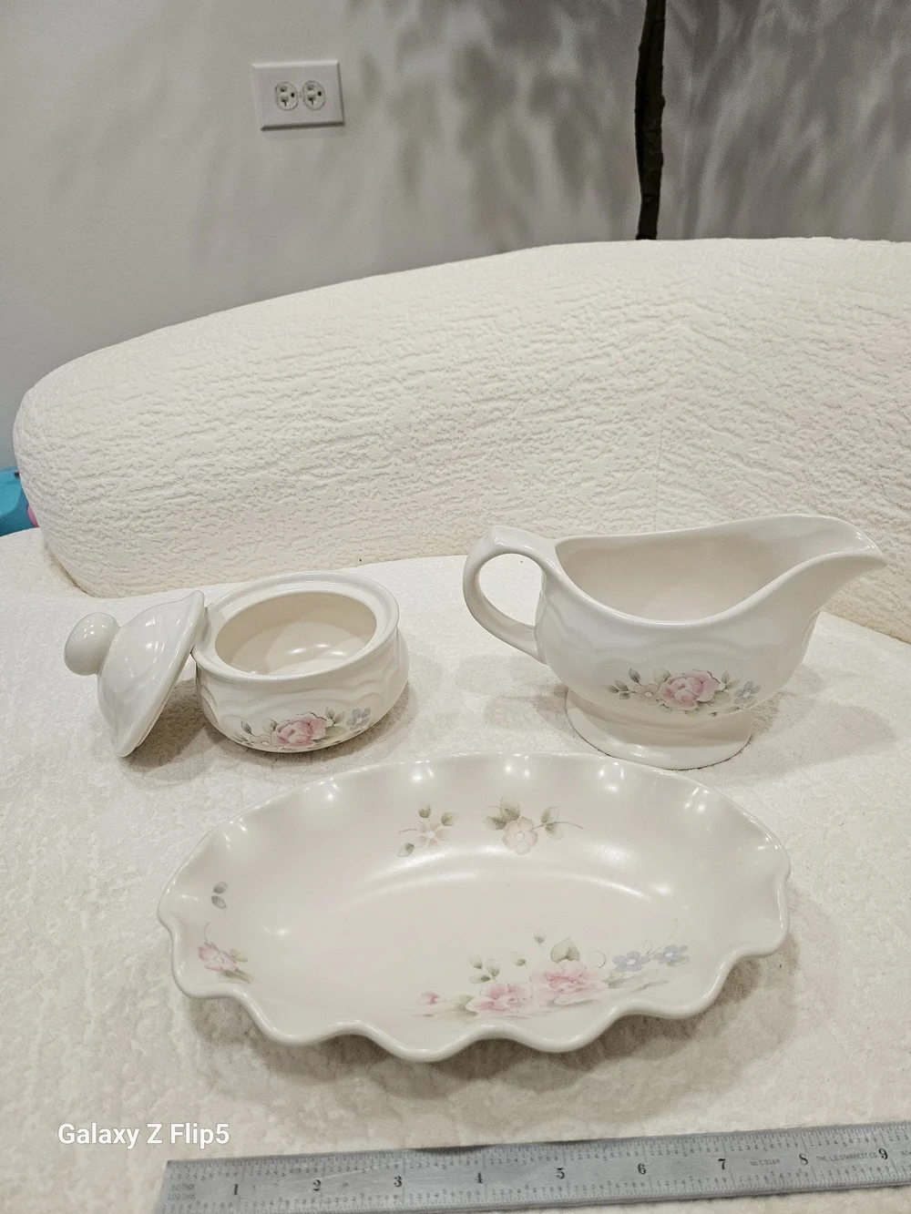 White Floral Ceramic Gravy Boat, Sugar Bowl & Serving Dish Set